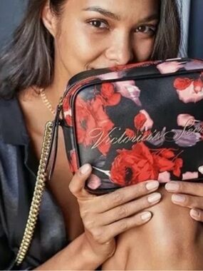 Victoria's Secret Black Floral Cosmetic Crossbody with Gold Chain